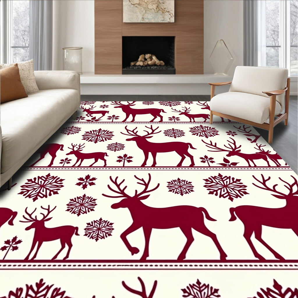 Deep Red Deer Snowflake Holiday Art Rug