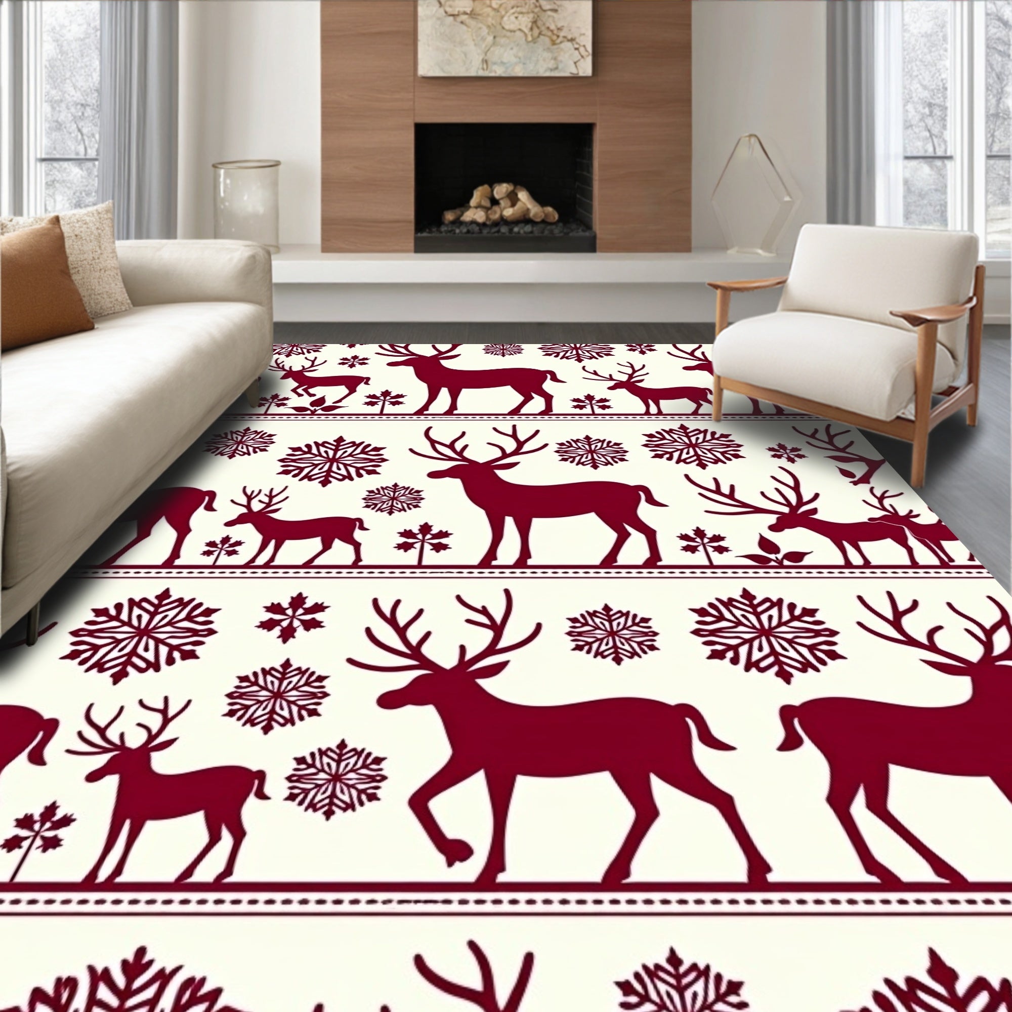 Deep Red Deer Snowflake Holiday Art Rug