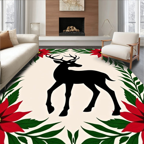 Black Deer Red Poinsettia Garland Rug
