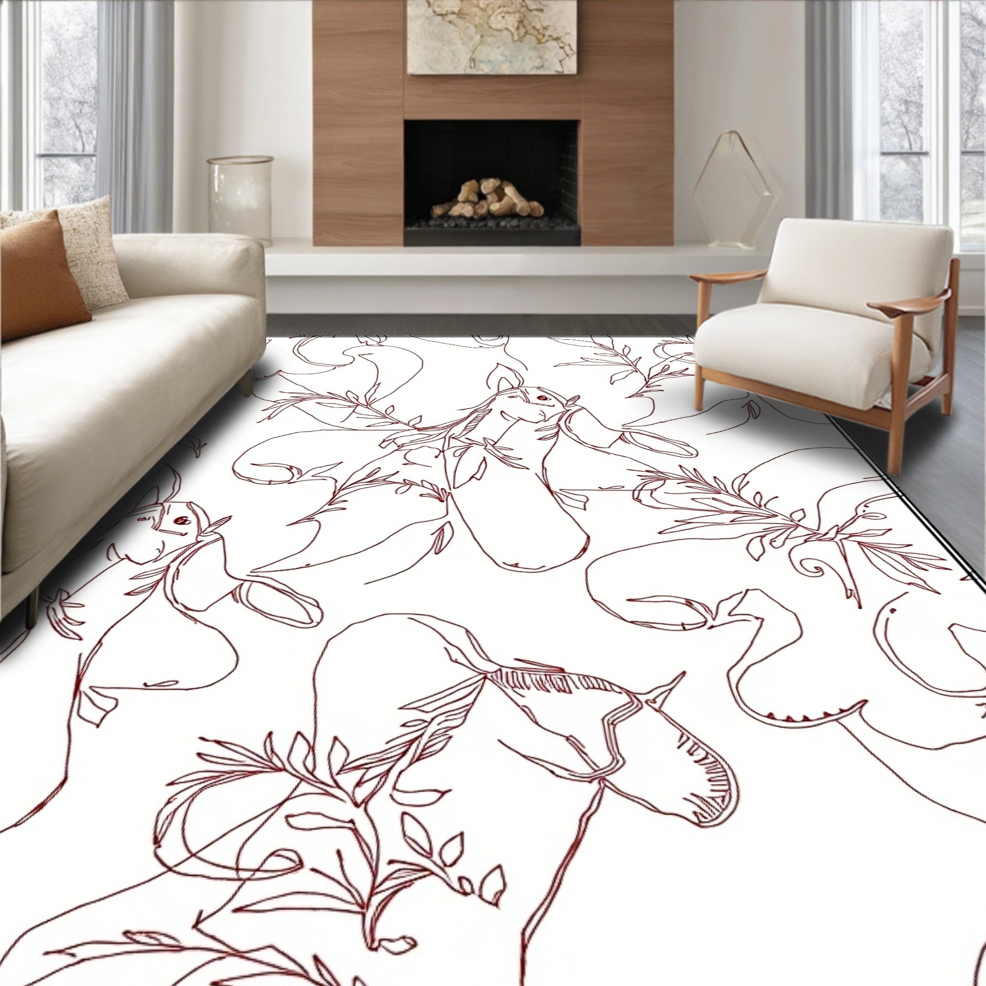 Crimson Horse and Leaf Outline Rug