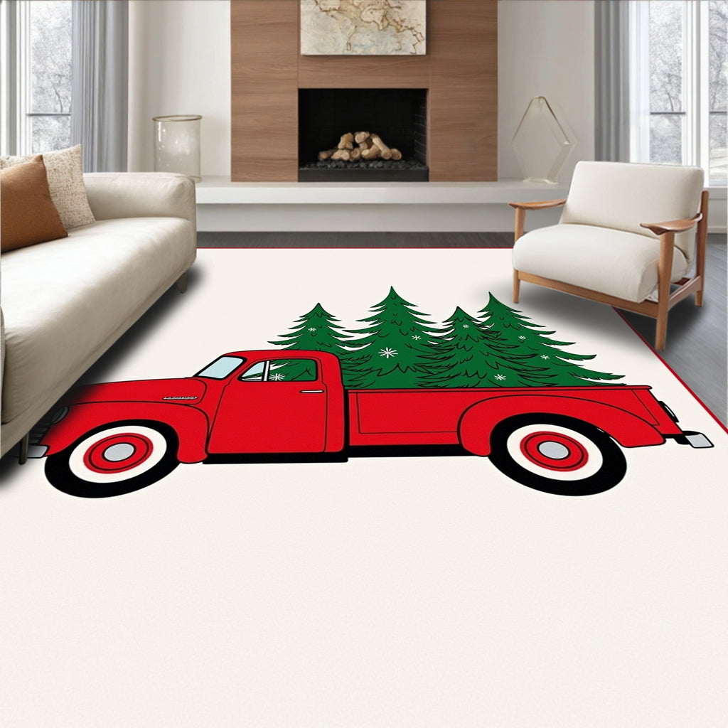 Vintage Red Truck Pine Trees Rug
