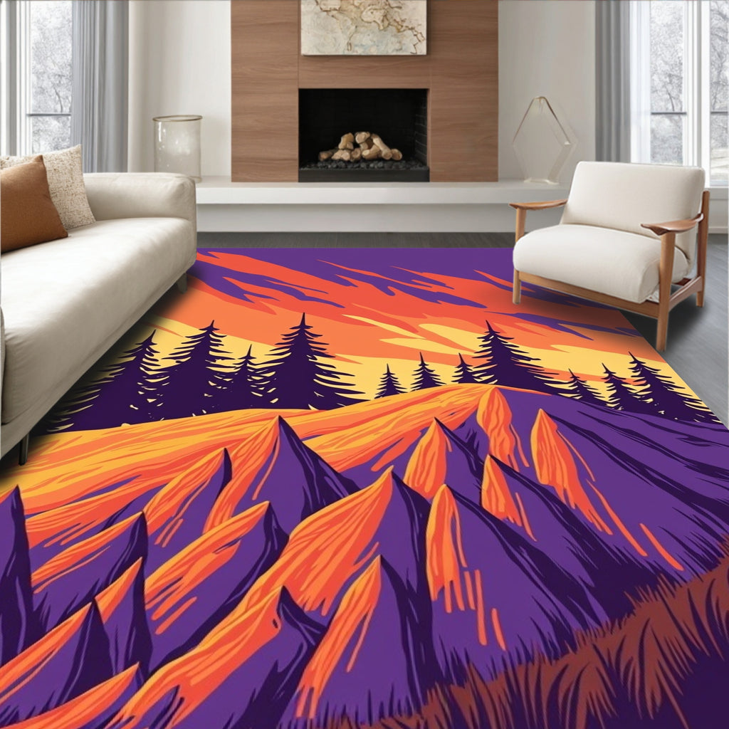 Sunset Peaks Forest Illustration Rug