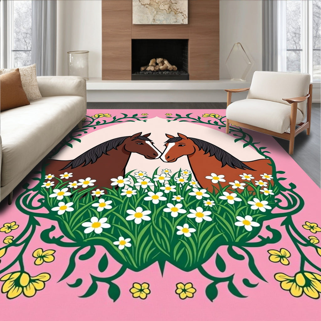 Pink Floral Horses Meadow Rug