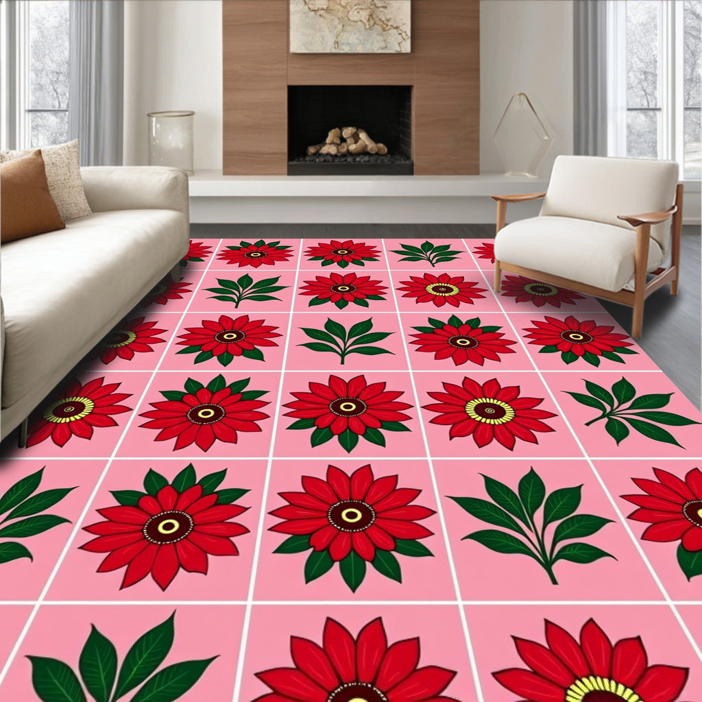 Red Dahlia Blossom Pink Background Rug