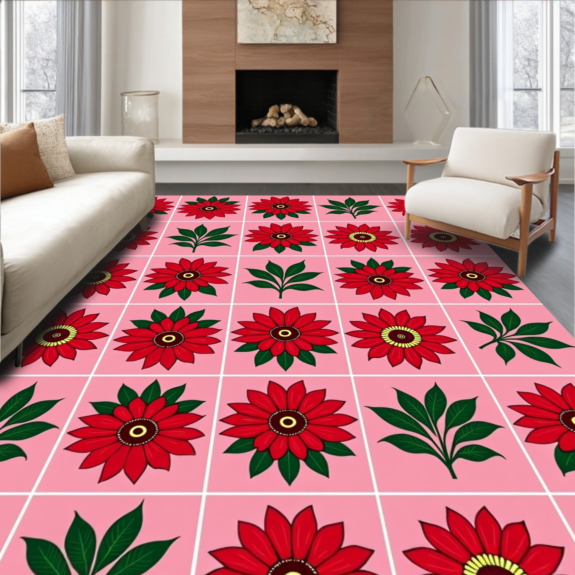 Red Dahlia Blossom Pink Background Rug