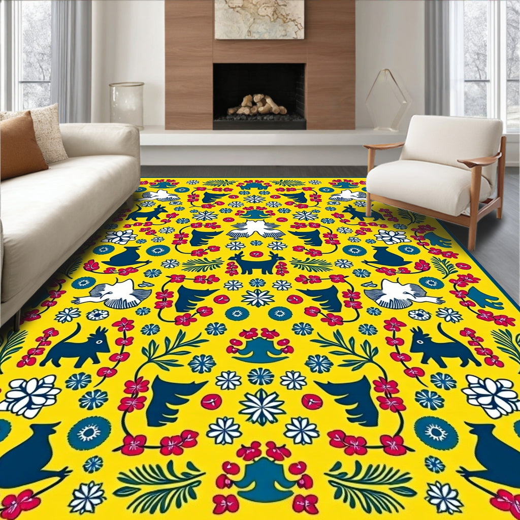 Vibrant Yellow Folk Animal Floral Rug