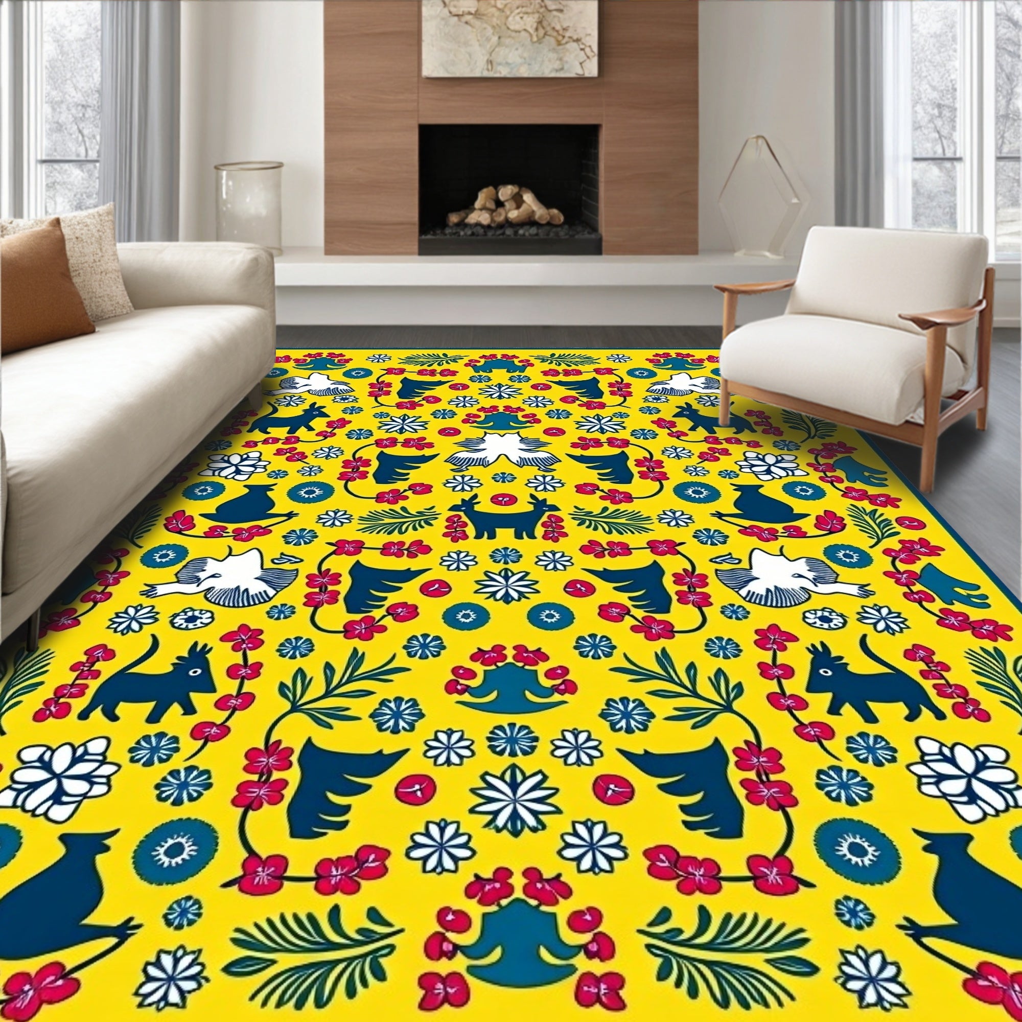 Vibrant Yellow Folk Animal Floral Rug