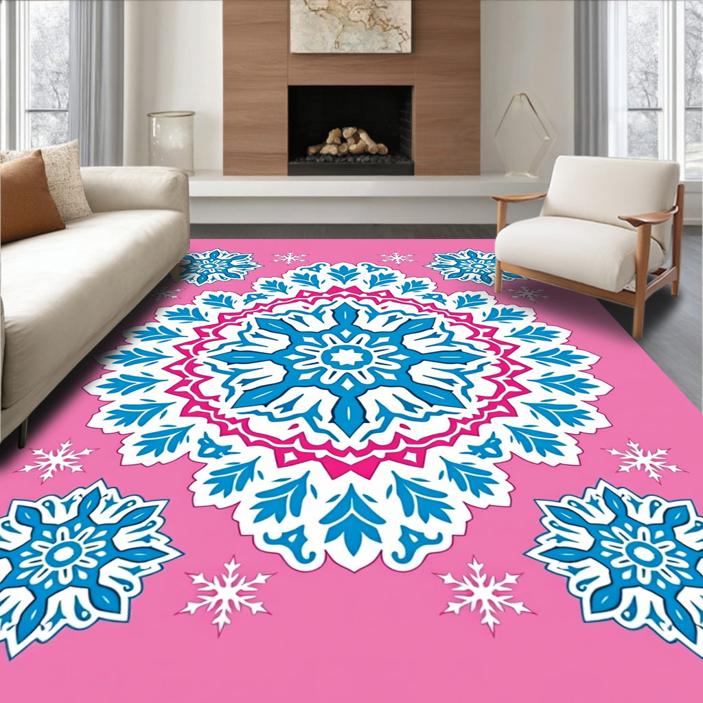 Pink Blue Snowflake Mandala Rug