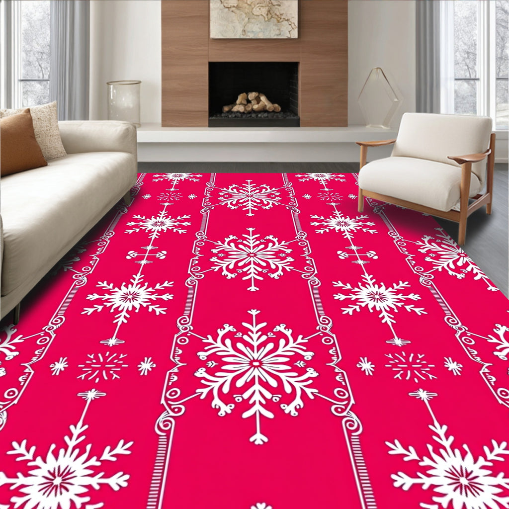 Red White Snowflake Floral Accents Rug