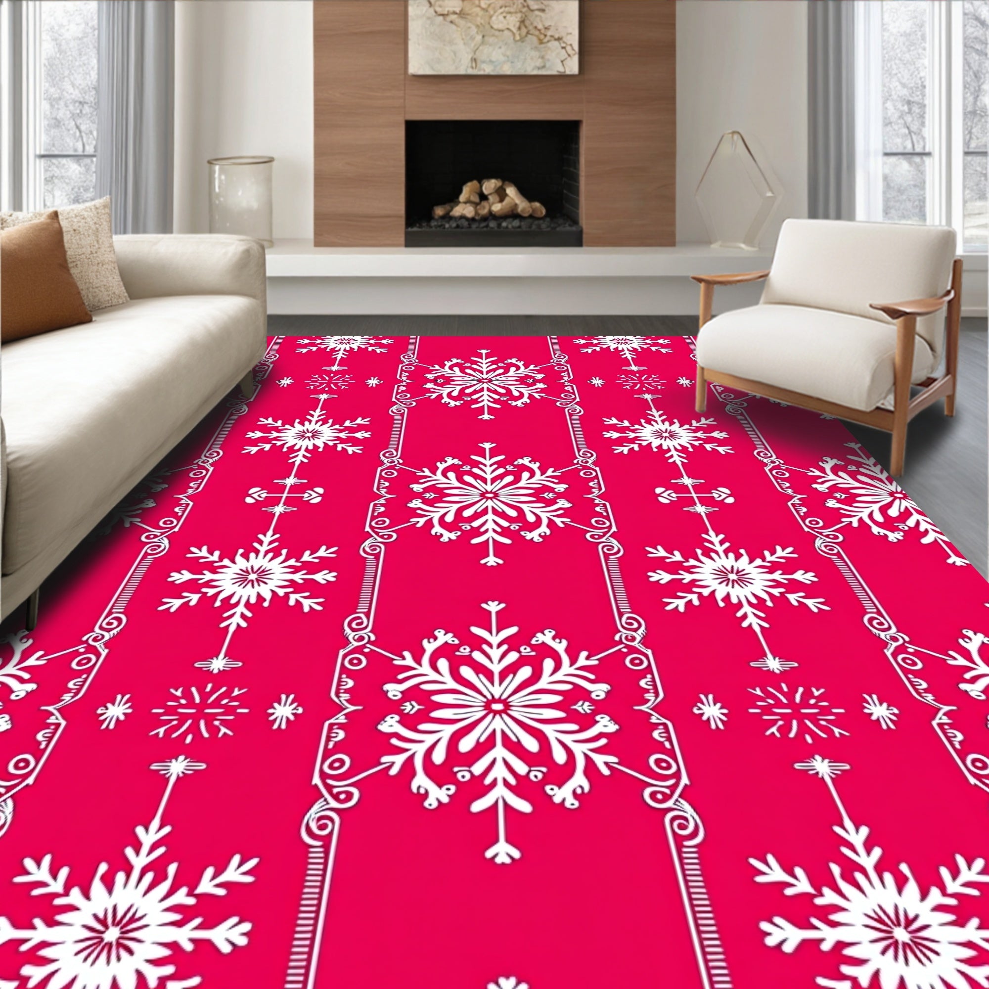 Red White Snowflake Floral Accents Rug