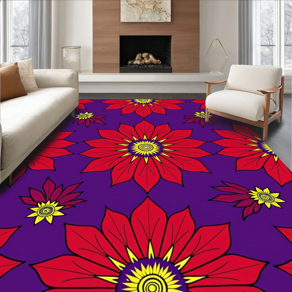 Vibrant Red Yellow Floral Collage Rug