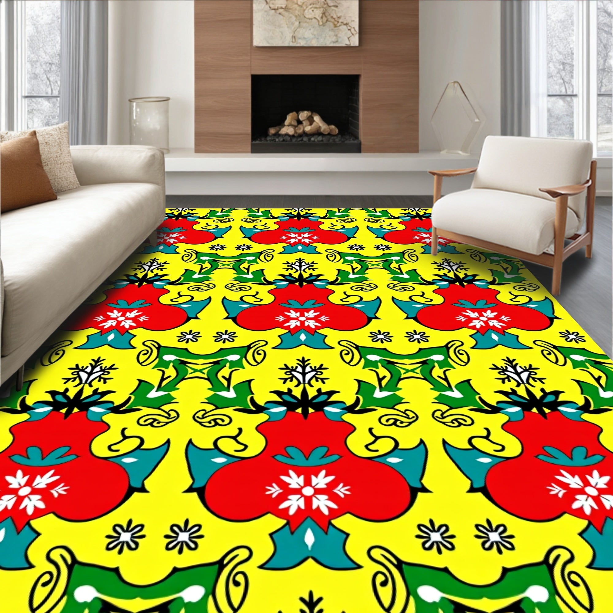 Rococo Red Floral Yellow Scroll Rug