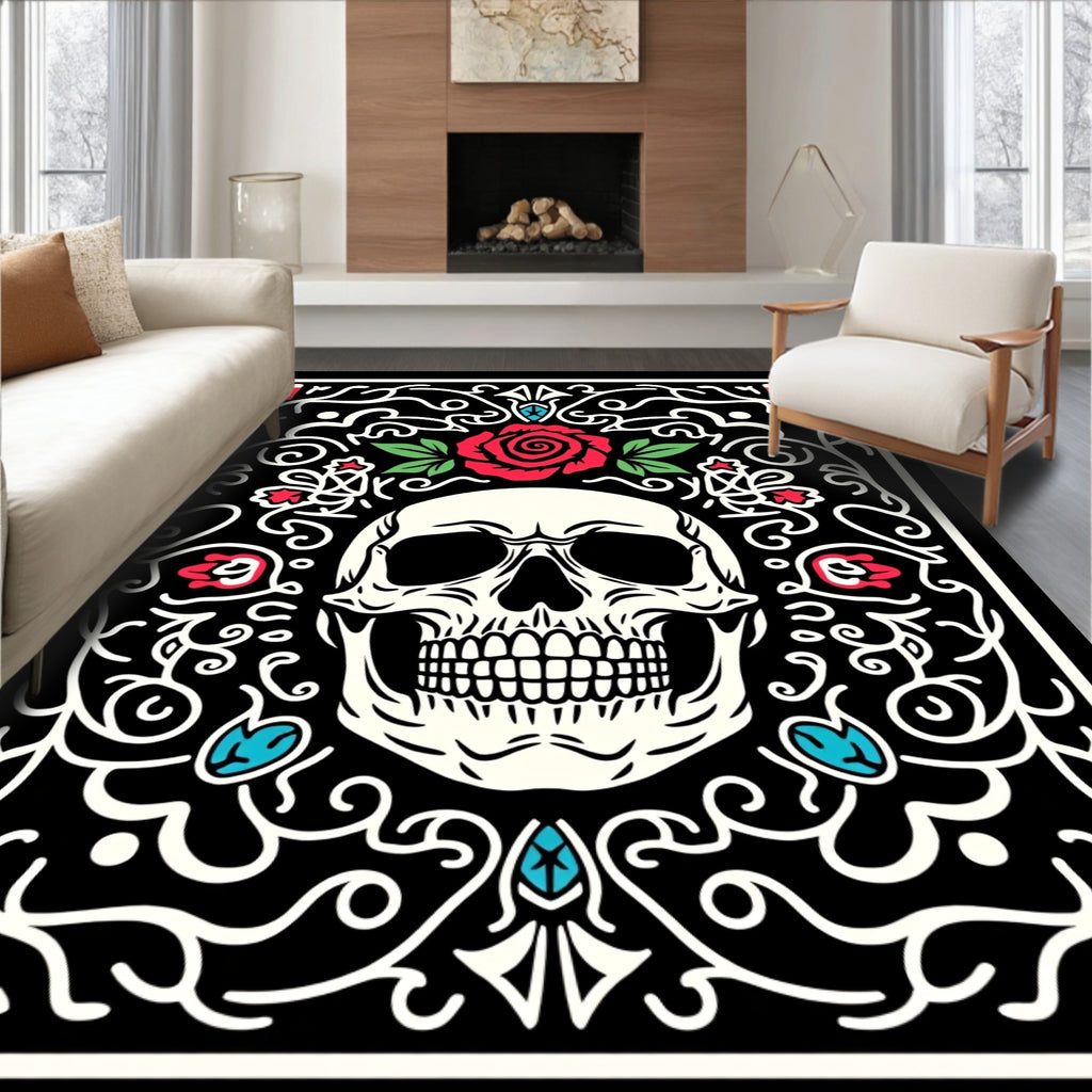 Red Rose Skull Black Vine Arrangement Rug
