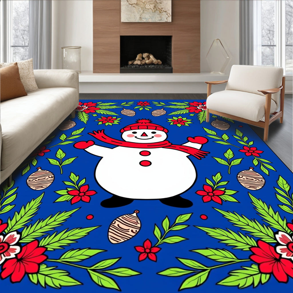 Winter Snowman Festive Floral Garland Rug
