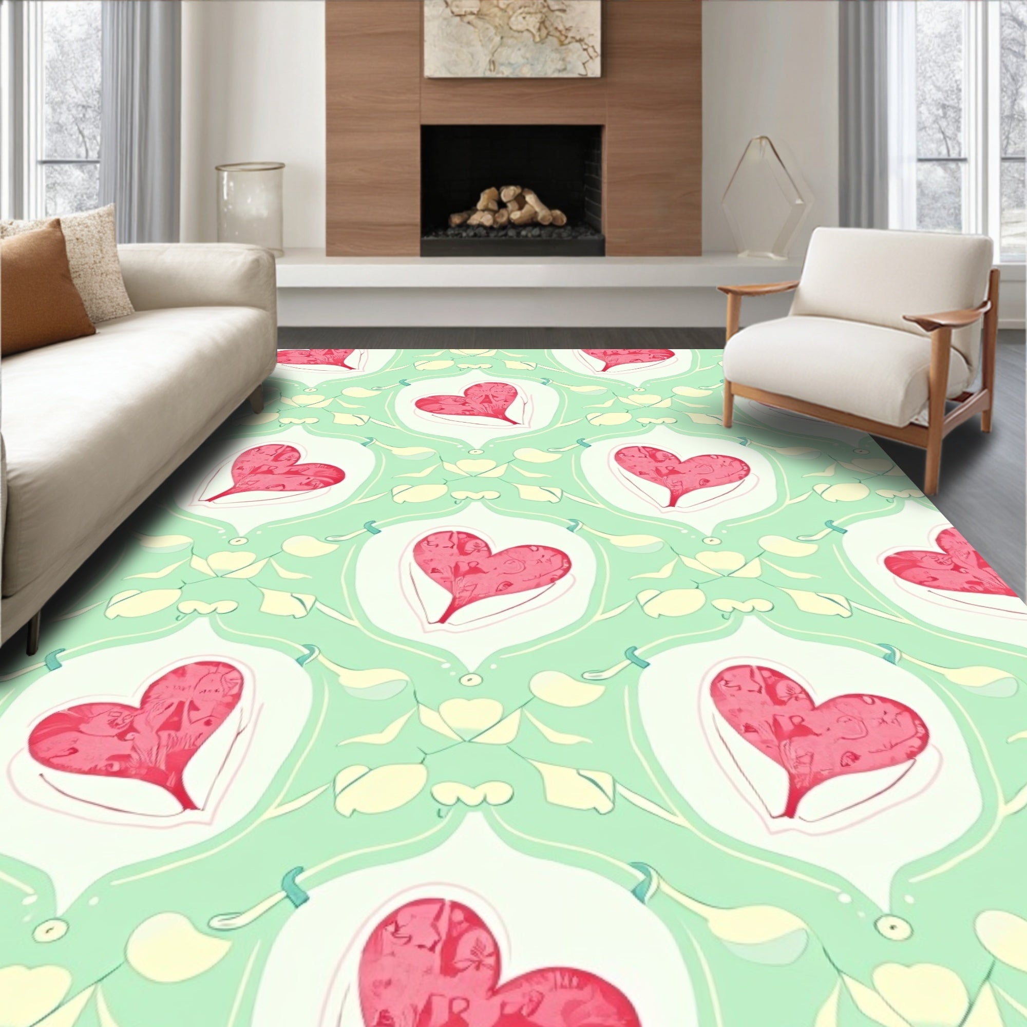 Whimsical Red Heart Floral Lattice Rug
