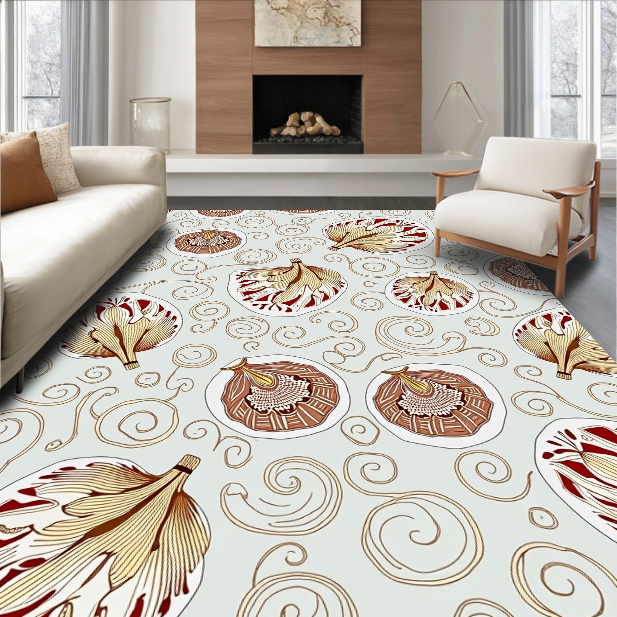 Golden Crimson Seed Pod Scrolls Rug
