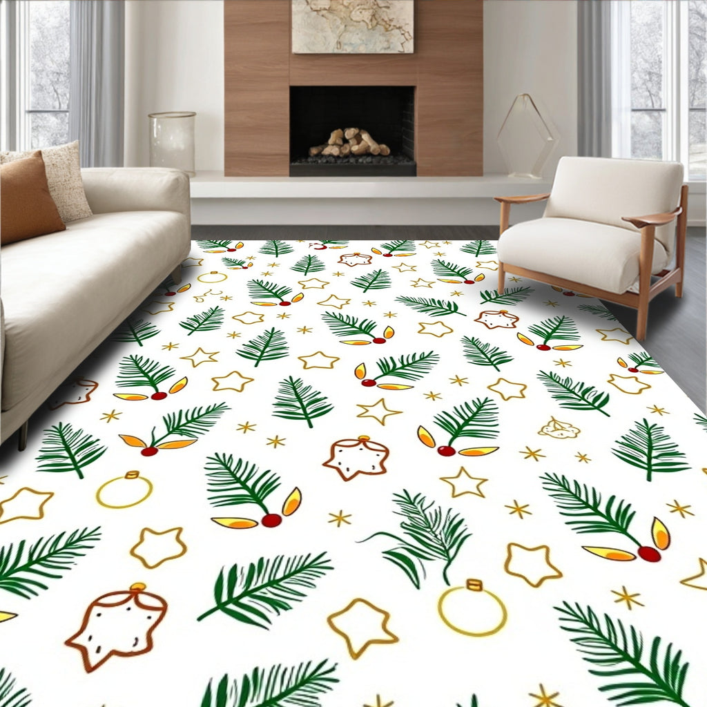 Festive Green Pine Holly Stars Rug