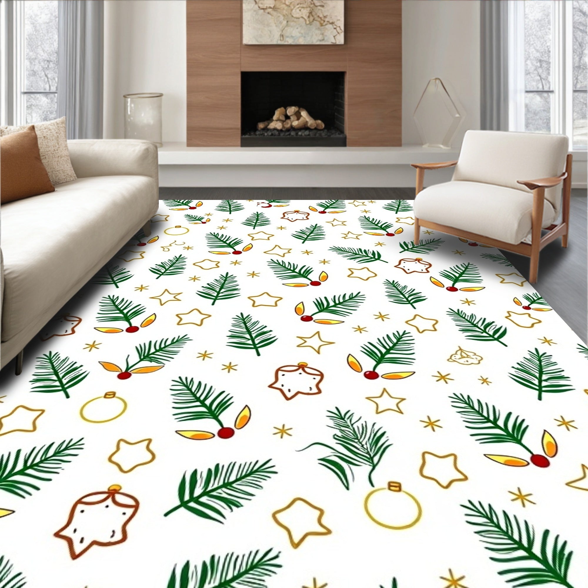 Festive Green Pine Holly Stars Rug
