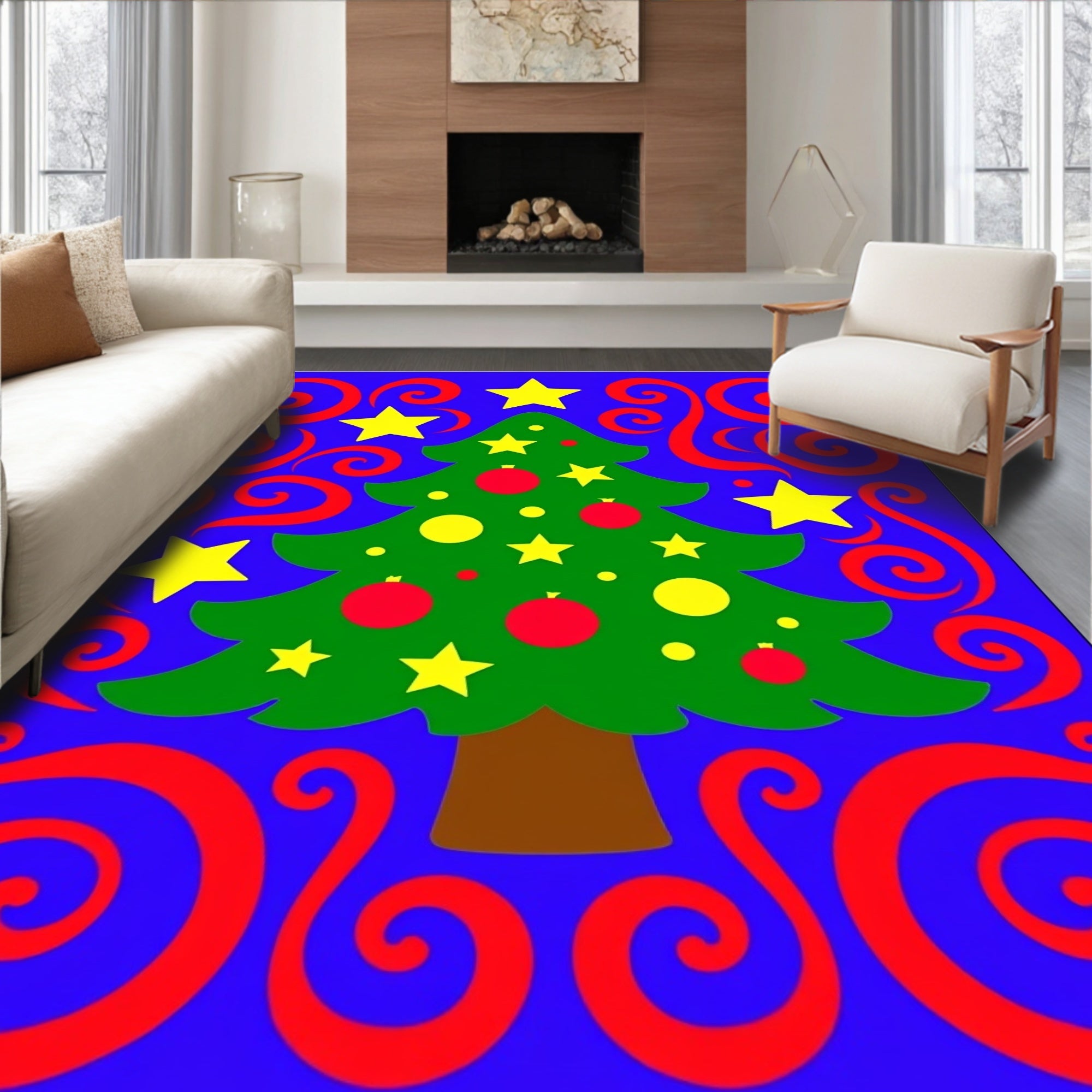 Green Christmas Tree Red Swirls Stars Rug