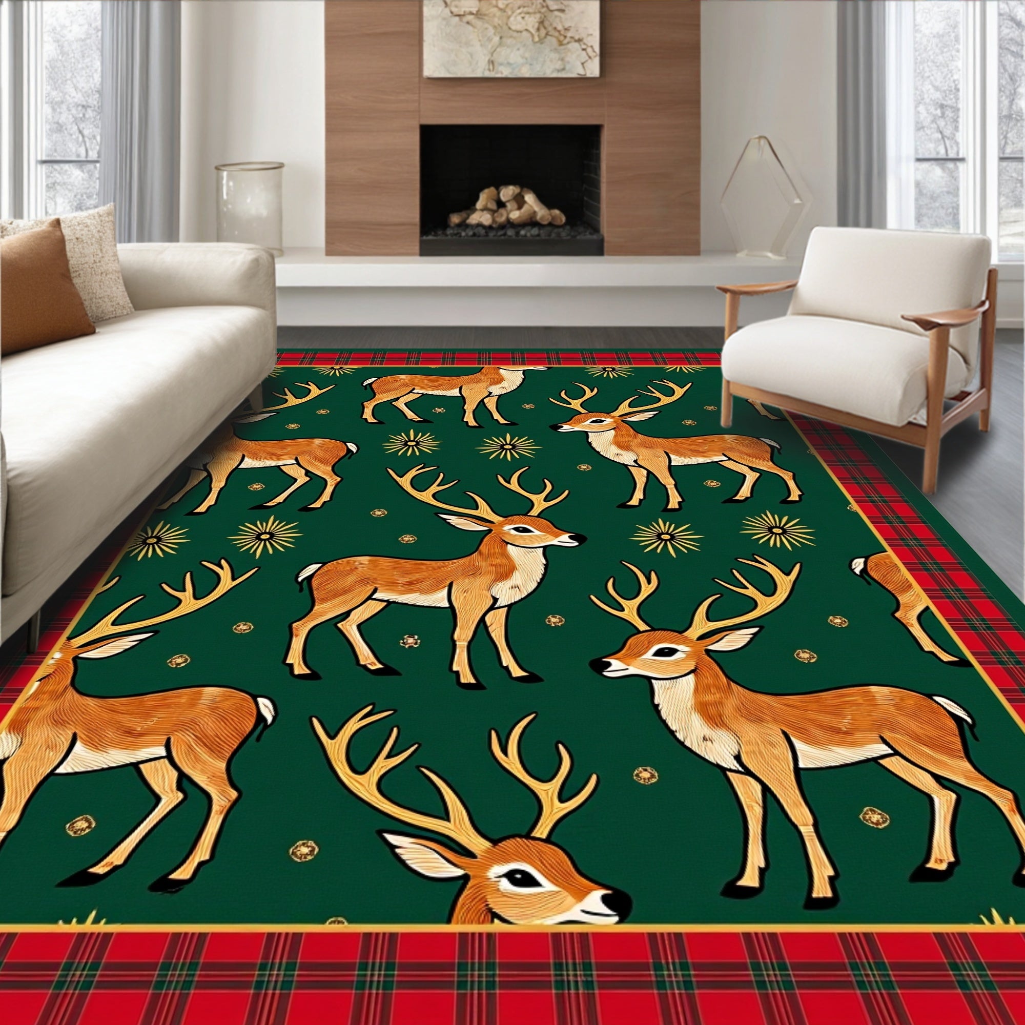 Gilded Deer Forest Plaid Border Rug
