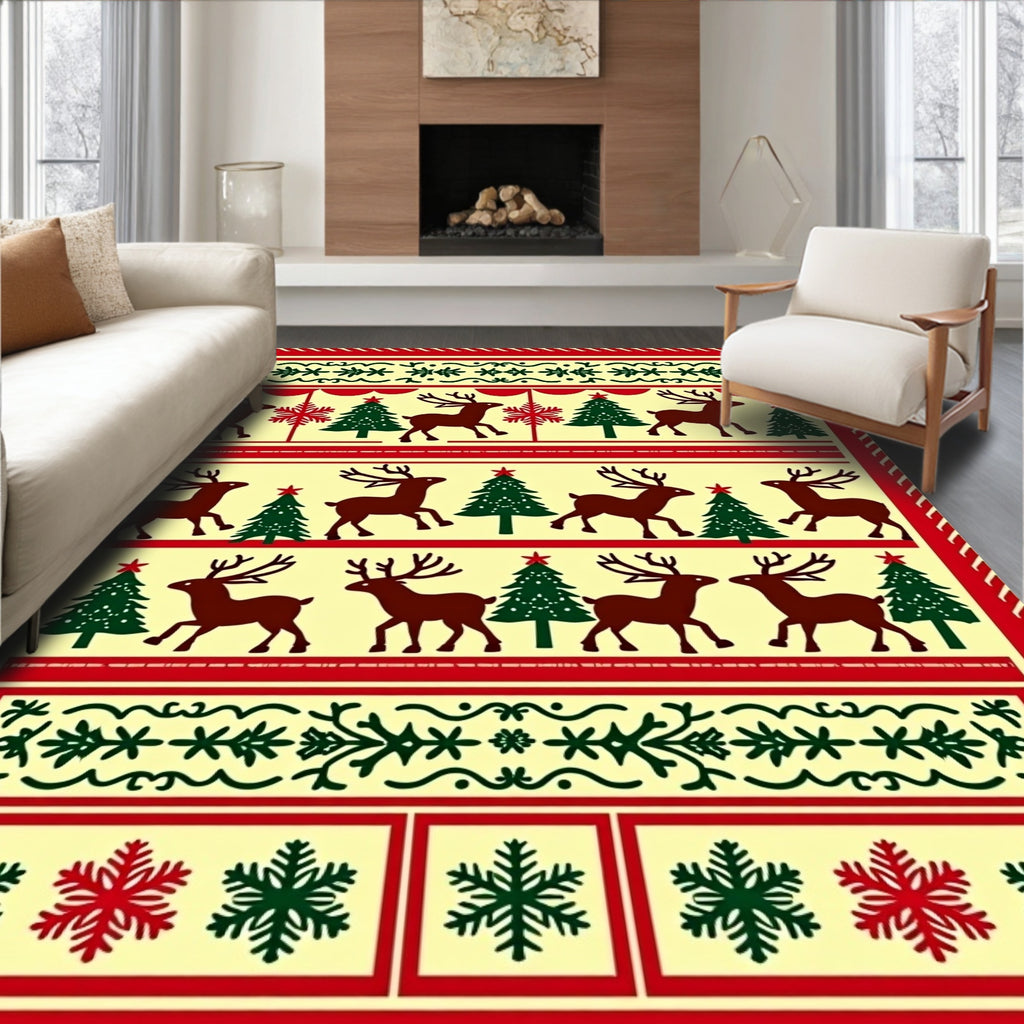 Crimson Deer And Evergreen Trees Foulard Rug