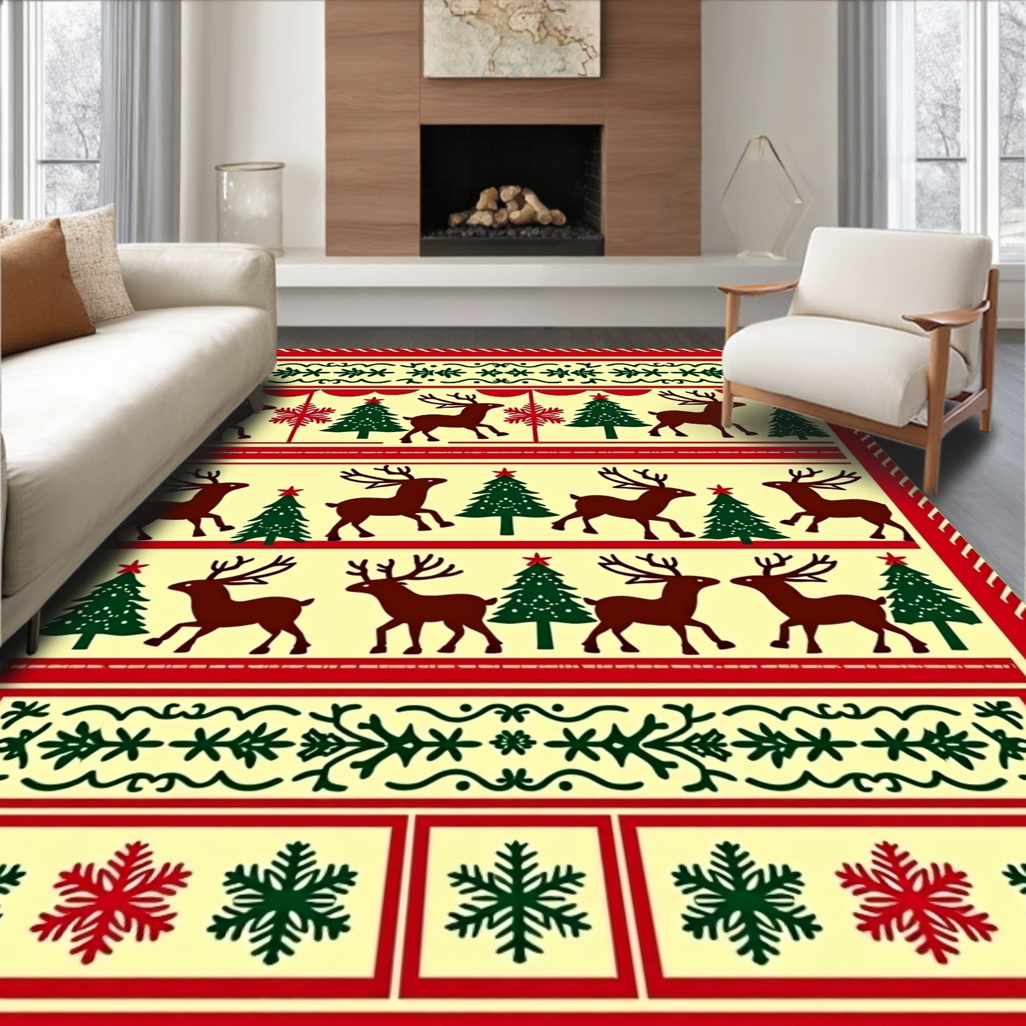Crimson Deer And Evergreen Trees Foulard Rug