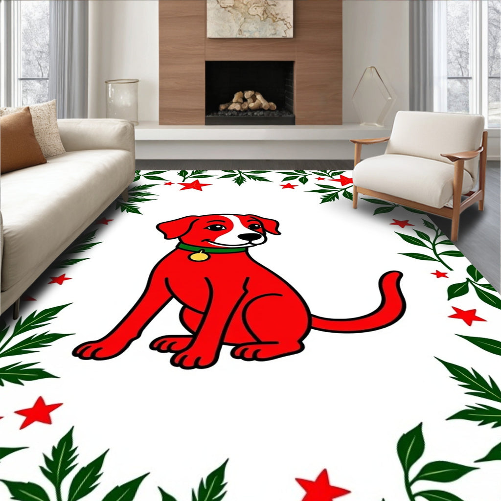 Red Dog with Green Foliage and Stars Rug