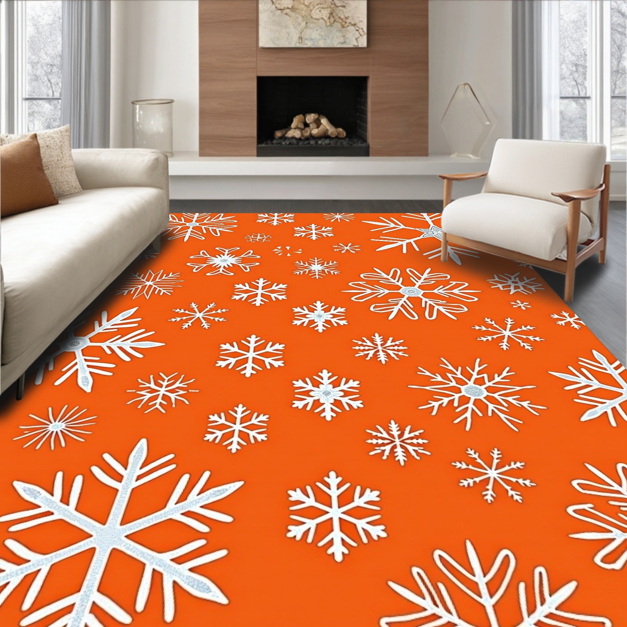 White Snowflakes On Orange Background Rug