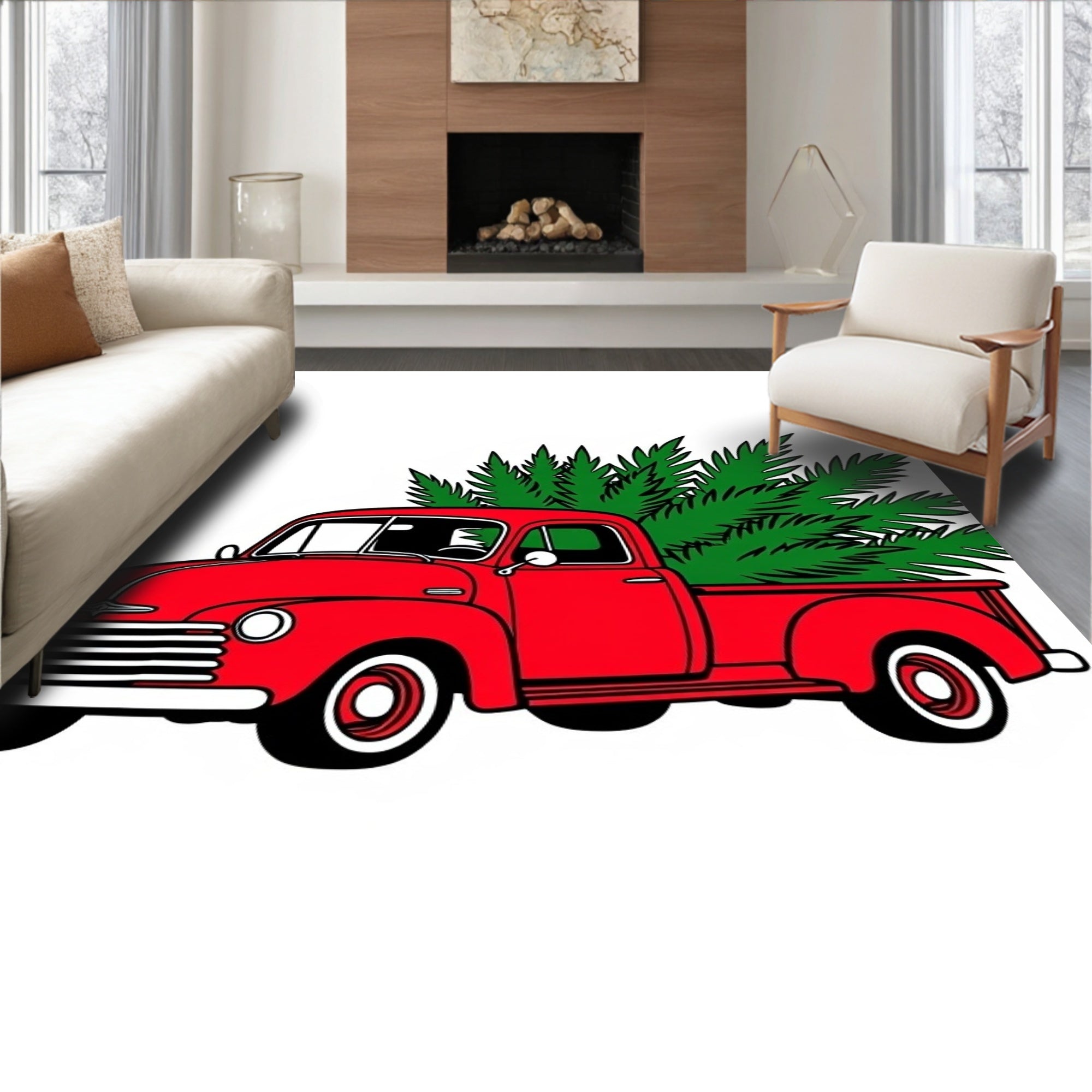 Vintage Red Truck Pine Tree Accents Rug