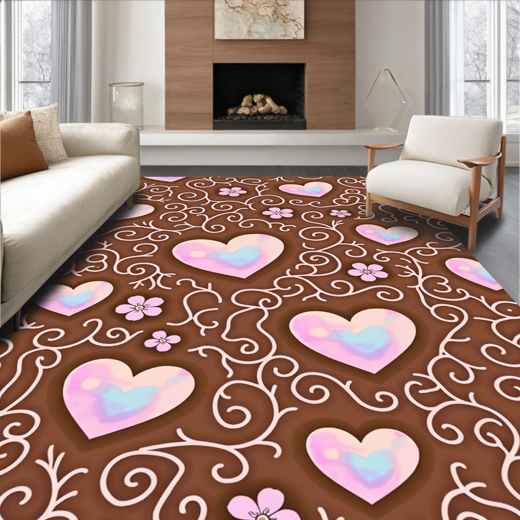 Pink Iridescent Hearts Swirl Floral Rug