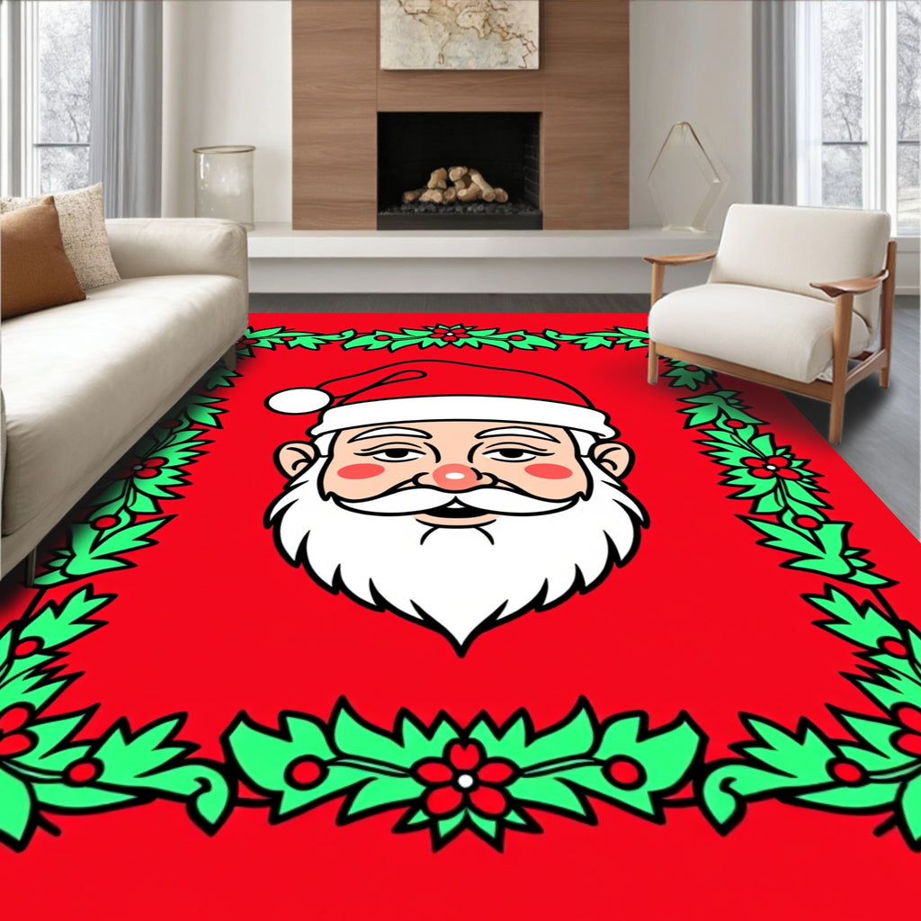 Merry Santa Christmas Holly Wreath Rug