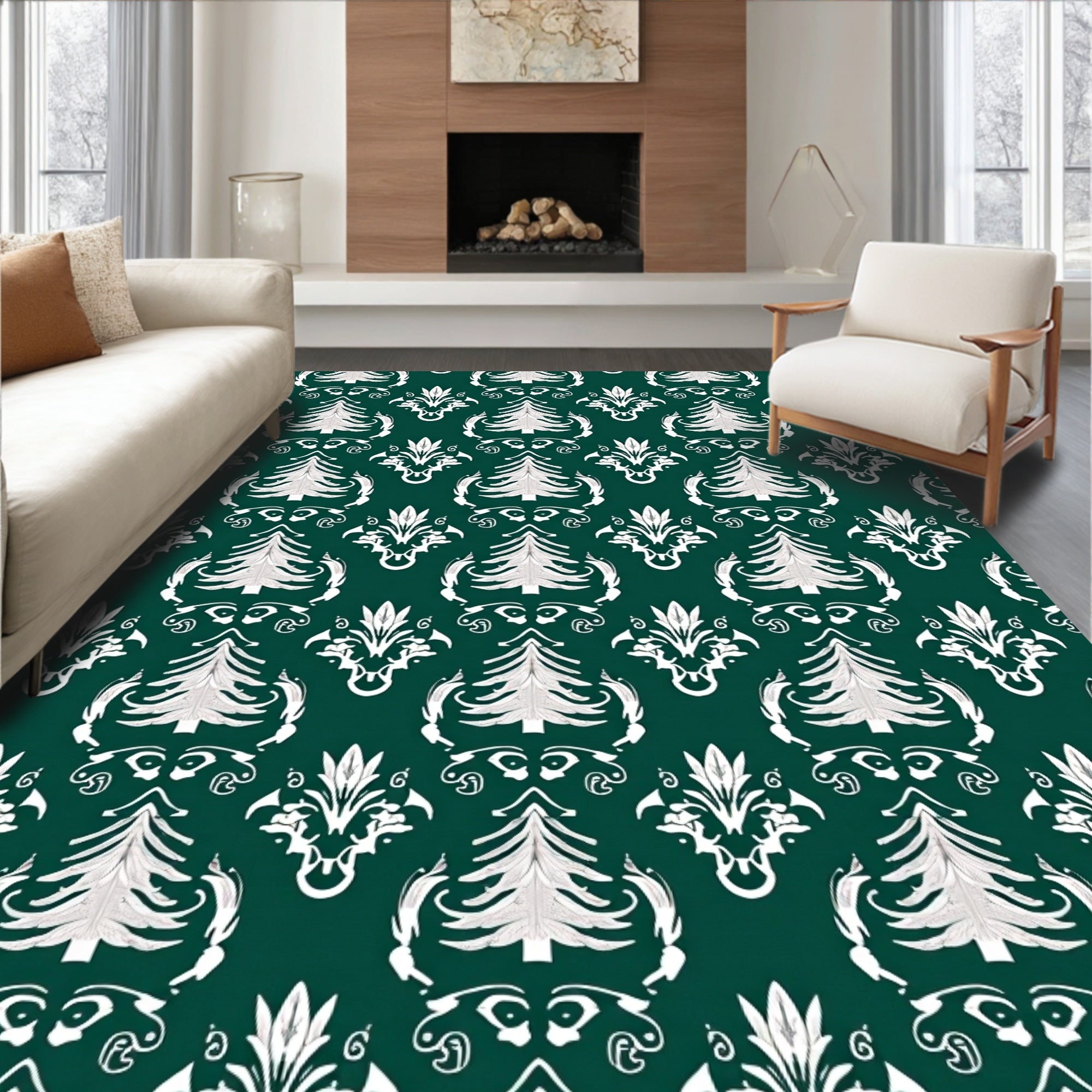 Festive White Christmas Tree Scrollwork Rug