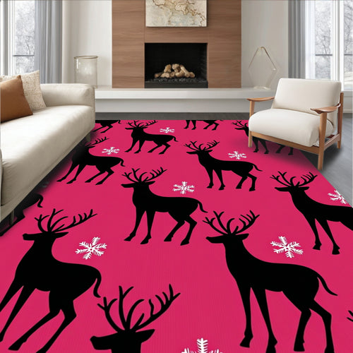 Black Deer White Snowflake Pink Background Rug