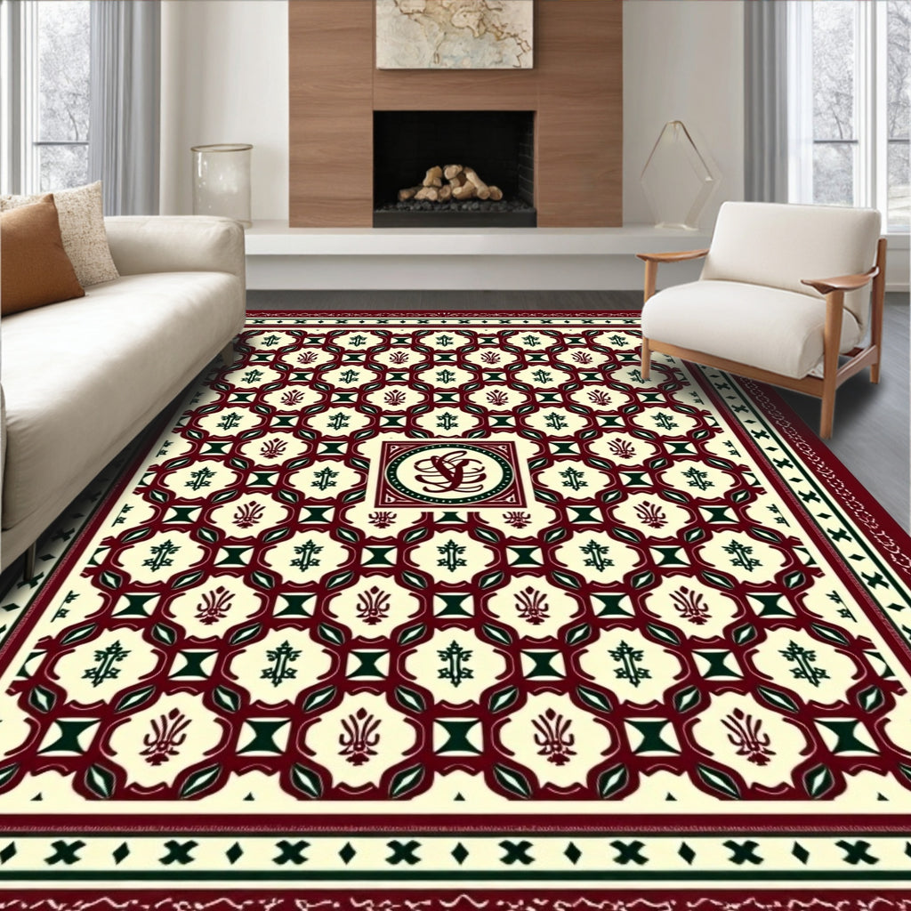 Maroon Cream Floral Lattice Medallion Rug