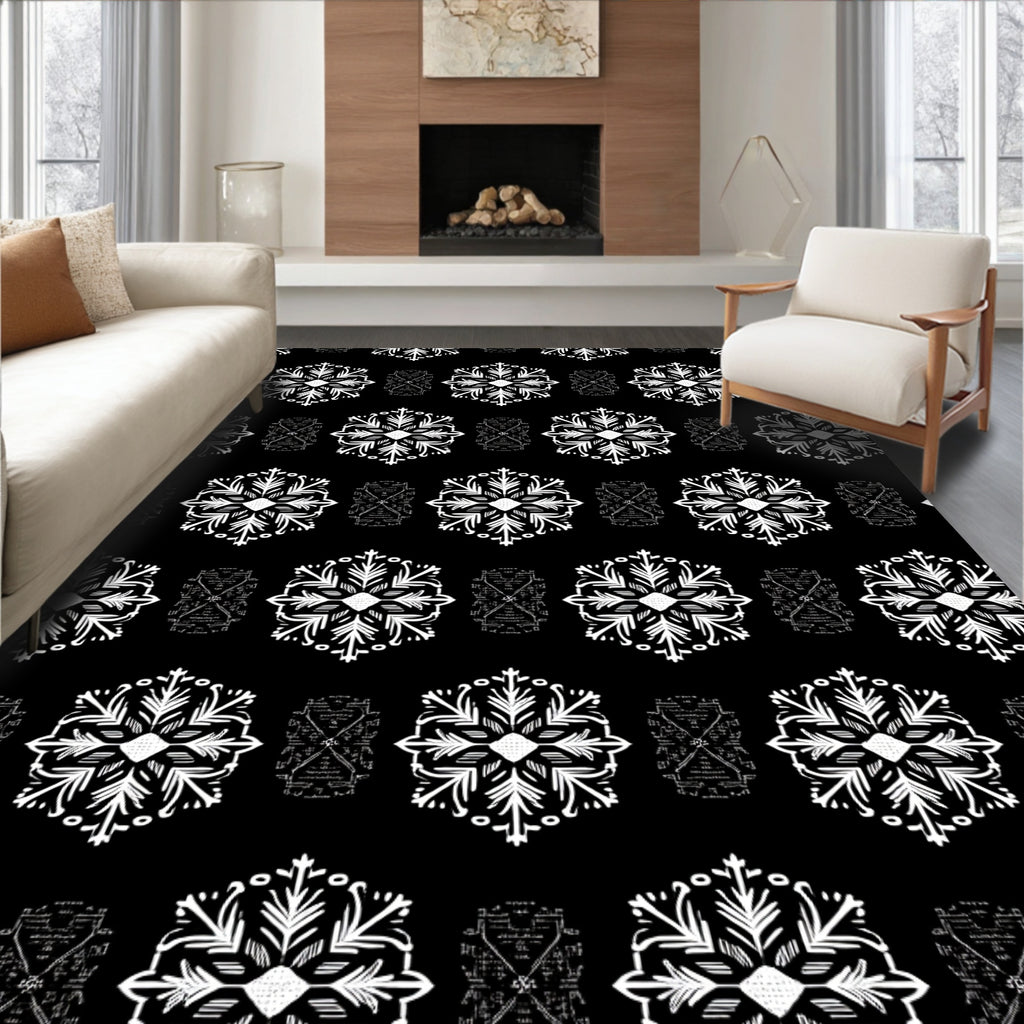 Monochromatic Black White Snowflake Mandala Rug