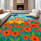 Whimsical Orange Floral Cat Butterflies Rug