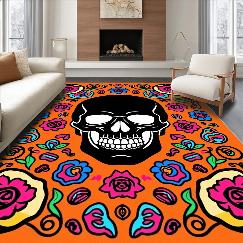 Vibrant Skull Floral Surround Orange Rug