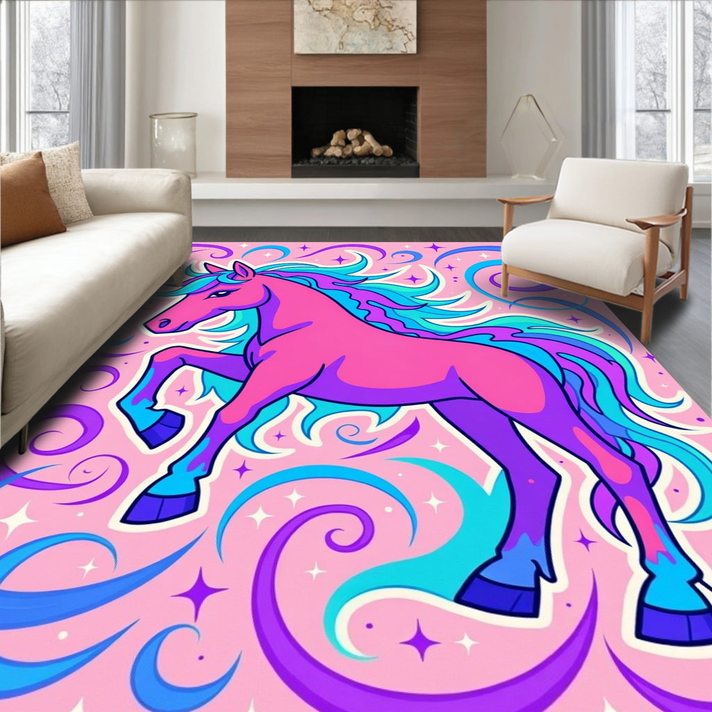 Vibrant Pink Unicorn Swirls Stars Rug