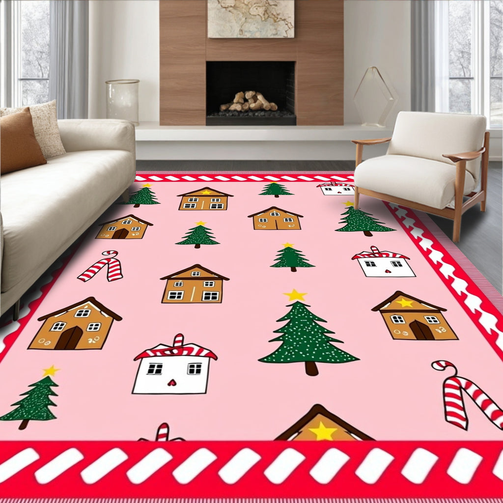 Pink Christmas Village Trees Candy Canes Rug