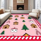Pink Christmas Village Trees Candy Canes Rug