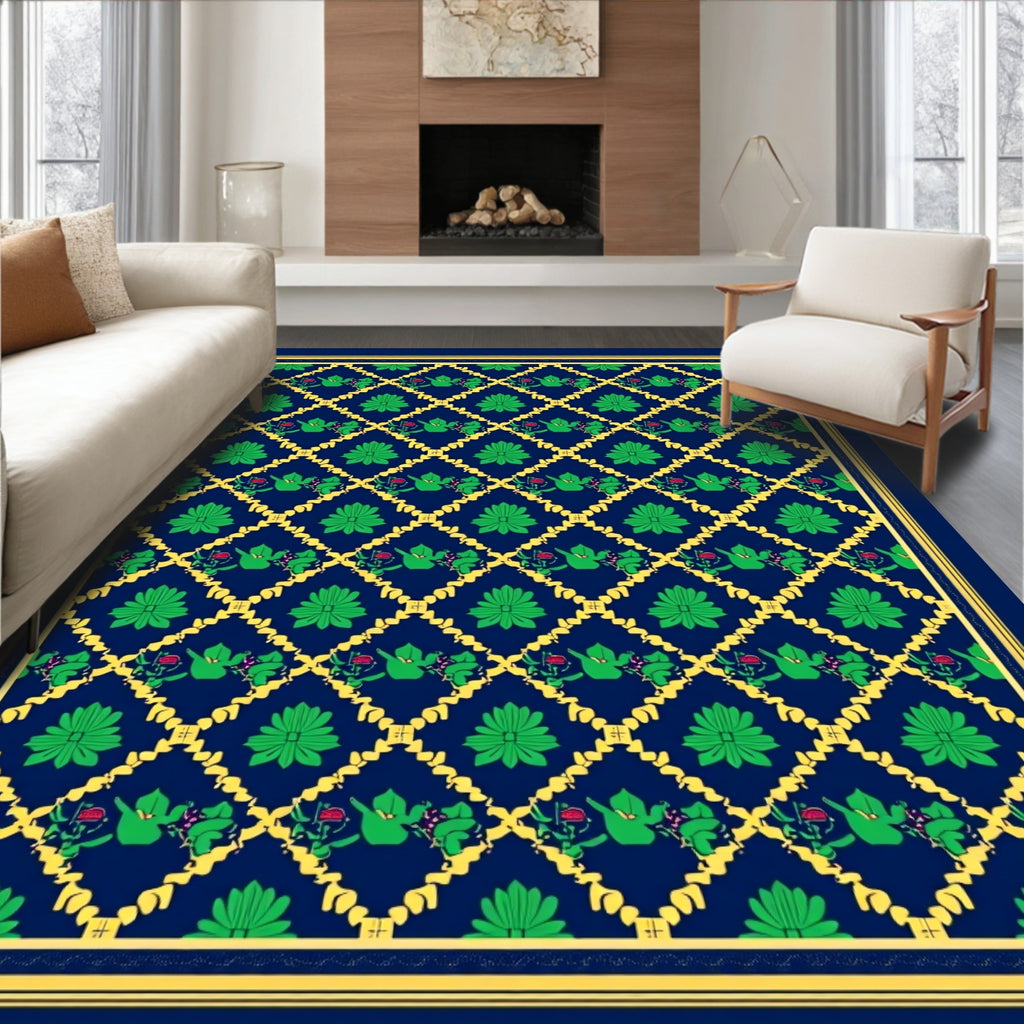 Deep Blue Lattice Green Floral Medallion Rug