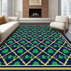 Deep Blue Lattice Green Floral Medallion Rug