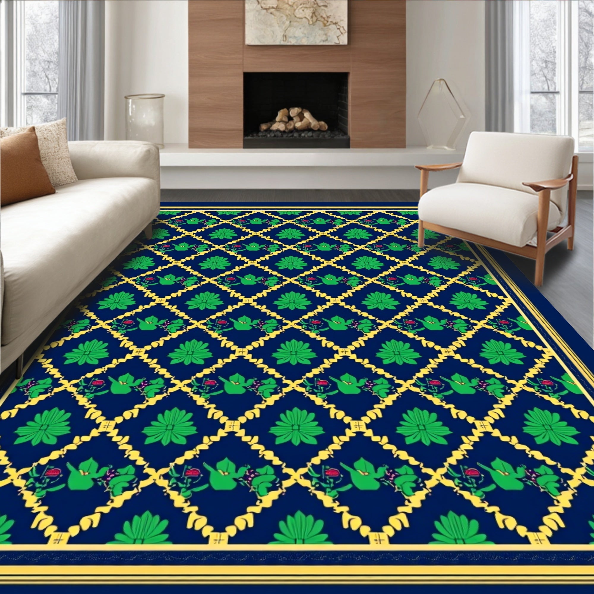 Deep Blue Lattice Green Floral Medallion Rug