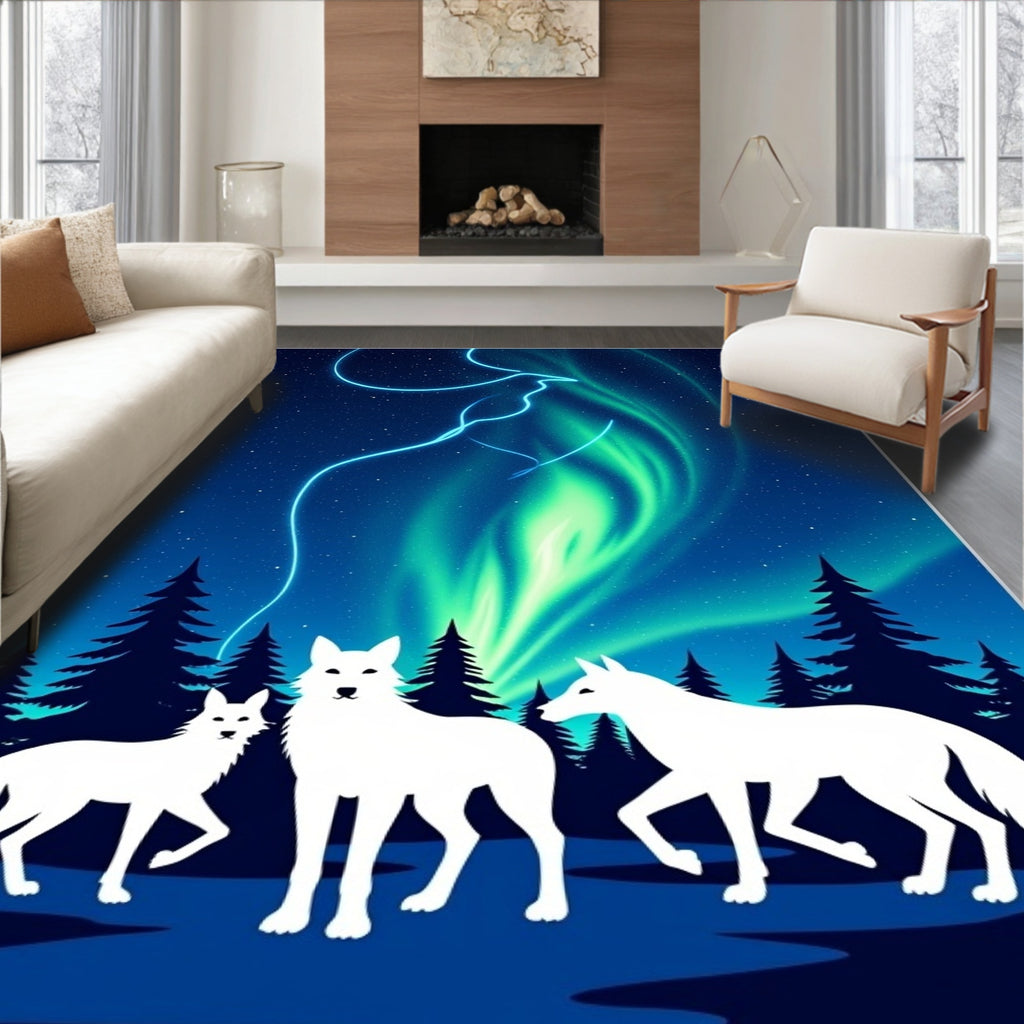 Arctic Wolves Under Northern Lights Rug
