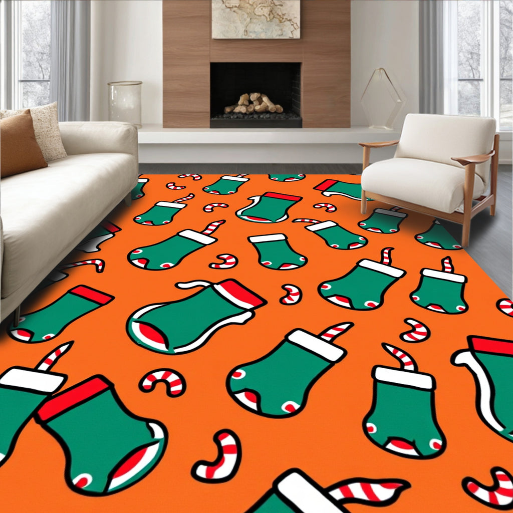 Orange Green Red Stocking Candy Cane Collection Rug