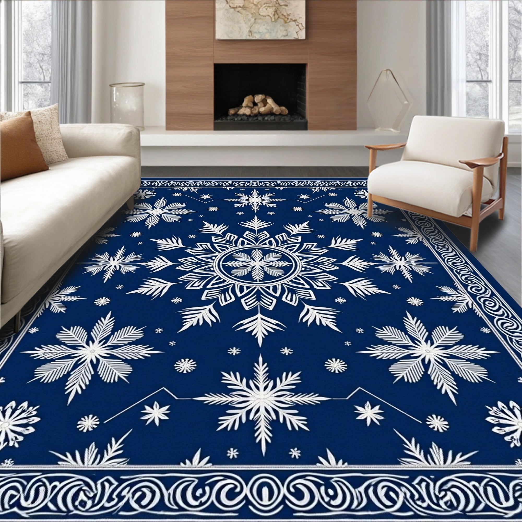 Deep Blue White Snowflake Mandala Rug