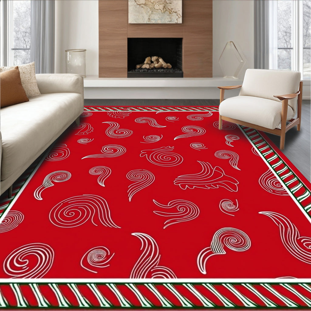 Red White Swirl Abstract Whimsical Art Rug