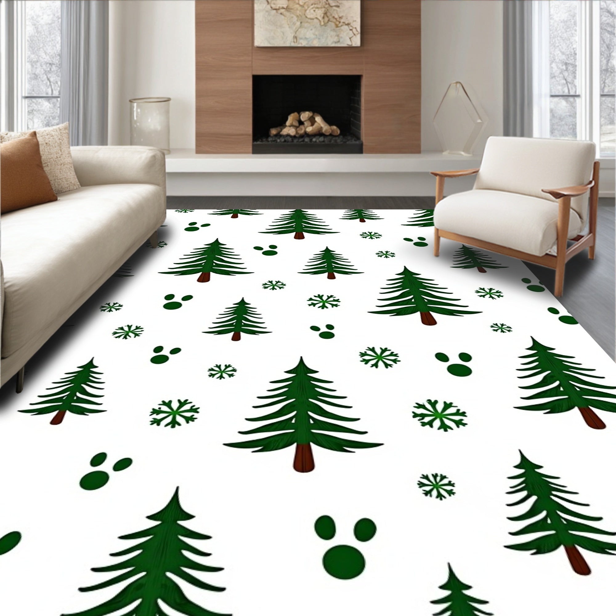 Green Pine Snowfall Paw Prints Rug