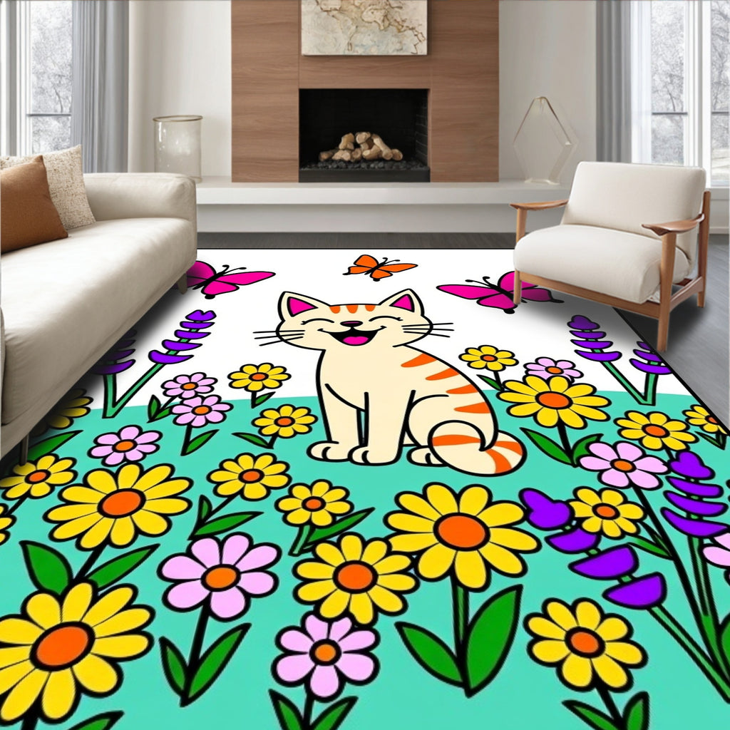 Whimsical Orange Cat Butterflies Flowers Rug