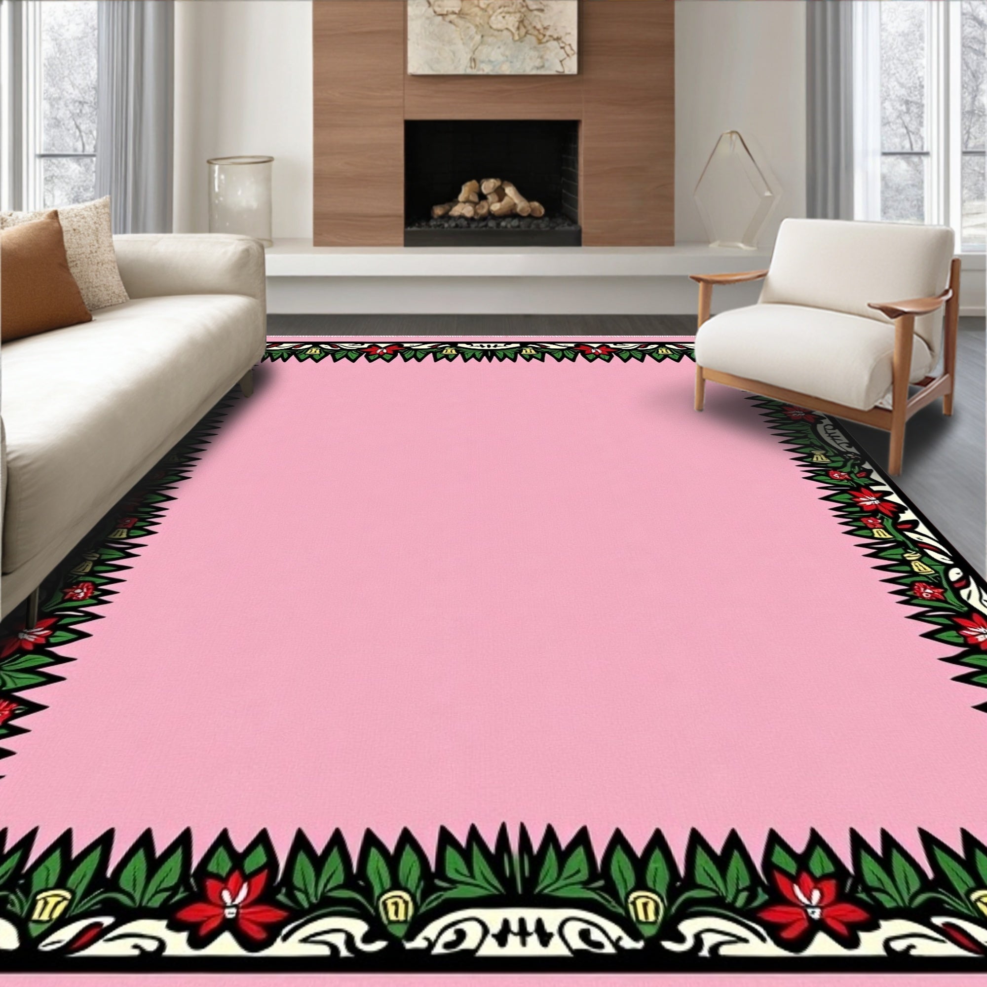 Pink Floral Christmas Border Rug